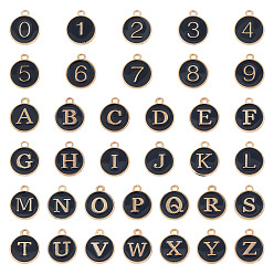 Черный 36 шт. 36 стили букв A~Z и цифр 0~9 эмалевые подвески из сплава, плоские круглые прелести, чёрные, 14~14.5x12x2~2.5 мм, отверстие : 1.4~1.5 мм, 1 шт / стиль