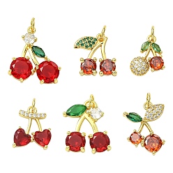 Красный 6 шт 6 стили латунные подвески из микропаве с фианитом, черри прелести, с целью перехода в кольце, стойки покрытие, долговечный, без кадмия и без свинца, красные, 14~22x11~18.5x3~5.5 мм, отверстие : 3~3.3 мм, 1 шт / стиль