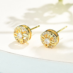 Золотой Плоские круглые серьги-гвоздики из латуни с микропаве и прозрачным фианитом, стойки покрытие, долговечный, без свинца и без кадмия, золотые, 7.5 мм