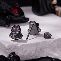 Ghost Хэллоуин 925 серьги-гвоздики из стерлингового серебра с кубическим цирконием, металлический черный , призрак, 8x7.5 мм