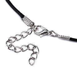 Black Waxed Cotton Cord Necklace Making, with Alloy Lobster Claw Clasps and Iron End Chains, Platinum, Black, 17.12 inch(43.5cm), 1.5mm