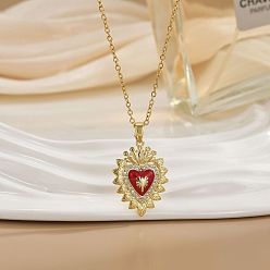 Красный Подвеска в виде священного сердца из латуни с микропаве из прозрачного кубического циркония и эмалью 304 цепочка из нержавеющей стали, золотые, красные, 15.75 дюйм (40 см), Кулон : 25 мм
