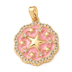 Pink Латунные микро проложить кубического циркония подвески, с эмалью, круглый со звездными подвесками, золотые, розовые, 21x18x3 мм, отверстие : 4.5x2.5 мм