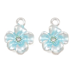 Cielo Azul Aleación con colgantes de esmalte, con diamantes de imitación de cristal, encantos de la flor, larga duración plateado, chapado en rack, plata, el cielo azul, 16x12.5x3.5 mm, agujero: 1.8 mm