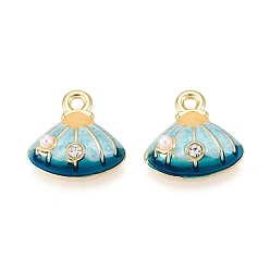 Light Gold Подвески из сплава со стразами и эмалью, формы раковины, с ABS имитации жемчуга, золотой свет, 13x14x4.5 мм, отверстие : 1.6 мм