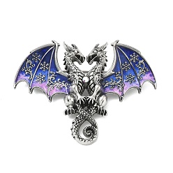 Purple Printed Alloy Brooch, Dragon, Antique Silver, Purple, 57x76mm