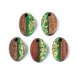 Зеленый лайм Подвески из непрозрачной смолы и орехового дерева, овальные амулеты, с блестящей пудрой и золотой фольгой, зеленый лайм, 15~15.5x10x3~4 мм, отверстие : 1.8~2 мм