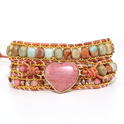 Смешанные камни Многорядные браслеты в стиле бохо с натуральным родохрозитом и бусинами шоушан, плетеные браслеты из бисера для женщин, внутренний диаметр: 2-3/8 дюйм (6 см)