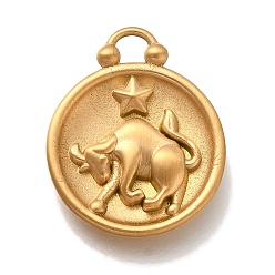 Телец Вакуумное покрытие pvd 304 подвески из нержавеющей стали, плоский круглый с шармом созвездий, реальный 18 k позолоченный, Телец, 20.5x16.5x2.5 мм, отверстие : 2~2.2 мм