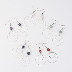 Mixed Stone Brass Ring Dangle Earrings, with Natural Mixed Stone Bead and Brass Earring Hooks, Silver and Platinum, 65x30x8mm, Pin: 0.6mm