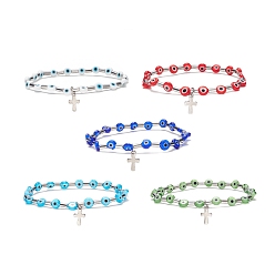 Mixed Color Lampwork Evil Eye & Stainless Steel Column Beaded Stretch Bracelet with Cross Charm for Women, Mixed Color, Inner Diameter: 2-1/8 inch(5.5cm)