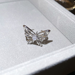 Silver Brass Micro Pave Cubic Zirconia Cuff Open Rings for Women, Butterfly, Silver, US Size 4 1/4(15mm)~20mm
