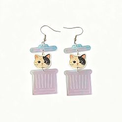 Beige Iron Acrylic Dangle Earrings, Cat Shape & Trash Can, Platinum, Beige, 77x30mm