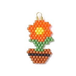 Темно-Оранжевый Подвески из бисера Miyuki Glass., , с защитой из латунной проволоки, золотые, темно-оранжевый, 28x14x1.8 мм, отверстие : 4.5x2.5 мм