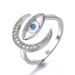 Real Platinum Plated Brass Micro Pave Clear Cubic Zirconia Cuff Rings, Open Rings, with Enamel, Cadmium Free & Nickel Free & Lead Free, Eye with Moon, Real Platinum Plated, Inner Diameter: 17mm