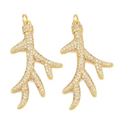 Clear Brass Micro Pave Cubic Zirconia Pendants, Coral Shape Charms, Cadmium Free & Lead Free, Rack Plating, Long-Lasting Plated, Real 18K Gold Plated, Clear, 37x21x2.5mm, Hole: 3mm