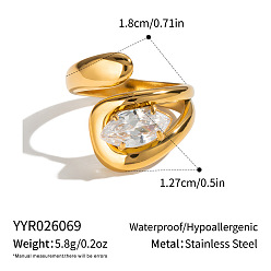 Real 18K Gold Plated Irregular 304 Stainless Steel Pave Cubic Zirconia Cuff Open Rings for Women, Real 18K Gold Plated, 12.7mm, Inner Diameter: 18mm