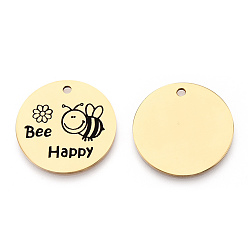 Золотой 201 подвески из нержавеющей стали, плоский круглый со словом «пчела счастлива», золотые, 30x1.5 мм, отверстие : 2 мм