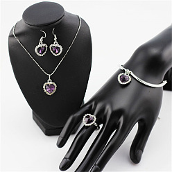 Сине-фиолетовый Ожерелье из сплава с кулоном в виде сердца и подвеской из кристаллов, а также браслет с подвесками и кольцо, платина, синий фиолетовый, 400 мм