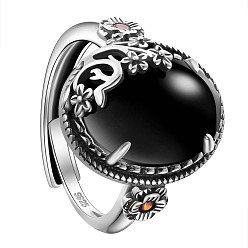 Black 925 Sterling Silver Adjustable Rings, with Natural Jade, Oval with Flower, Antique Silver, Black, US Size 9, Inner Diameter: 19mm
