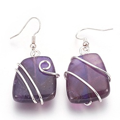 Amethyst Natural Amethyst Dangle Earrings, with Silver Color Plated Brass Findings, Rectangle, 47mm, Pin: 0.7mm