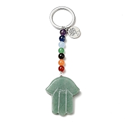 Green Aventurine Natural Green Aventurine Chakra Keychain, with Iron Split Key Rings and Flat Round Alloy Charms, Hamsa Hand, 11.5cm