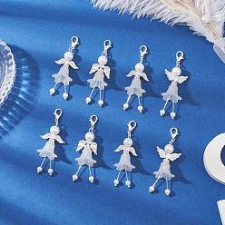 Серебро 8 шт. 8 стили украшения из матового акрила и стеклянного жемчуга в виде ангела, с крыльями из сплава и застежками-клешнями, белые, серебряные, 58~63 мм, 1 шт / стиль