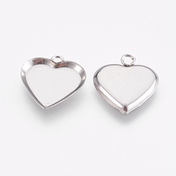 Stainless Steel Color 304 Stainless Steel Pendant Cabochon Settings, Plain Edge Bezel Cups, Heart, Stainless Steel Color, Tray: 12x12mm, 15x14x1.5mm, Hole: 1.6mm