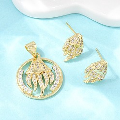 Jellyfish Комплект из латунного кулона и серег-гвоздиков с микропаве из кубических цирконий для женщин, реальный 18 k позолоченный, медуза, 12.5x8.5 мм, 20.5x18x3.5 мм, отверстие : 5x3.5 мм