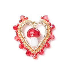 Красный Лэмпворк в виде гриба ручной работы с круглыми стеклянными бусинами класса А и подвесками из сплава с открытыми задними панелями и подвесками из гальванизированного стекла, сердце, красные, 33x31x10 мм, отверстие : 1.8x2 мм