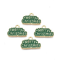 Dark Green Rack Plating Alloy Enamel Pendants, Cadmium Free & Nickel Free & Lead Free, Light Gold, Word Merry Christmas, Dark Green, 12.5x20x1.5mm, Hole: 1.8mm
