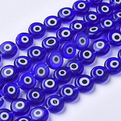 Синий Ручной сглаза бусины бисер нитей, плоско-круглые, синие, 8x3~3.5 мм, отверстие : 1 мм, около 47 шт / нитка, 14.17 дюйм (36 см)