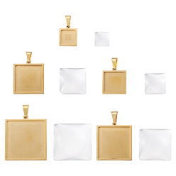 Square 5Pcs 5 Styles 304 Stainless Steel Pendant Cabochon Settings, with 5Pcs 5 Styles Transparent Clear Glass Square Cabochons, Golden, Square, 25x25x7.5mm