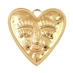 Золотой Тисненые 304 подвески из нержавеющей стали, подвеска в виде сердца с абстрактным лицом, золотые, 46x45.5x2 мм, отверстие : 5.5 мм