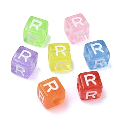Letter R Прозрачные акриловые бусины, окрашенные спреем, куб с письмом, разноцветные, Буква R, 9.5x9.5x10 мм, отверстие : 3.8 мм, Около 570 шт / 500 г