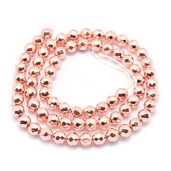 Rose Gold Plated Electroplate Non-magnetic Synthetic Hematite Beads Strands, Grade AAA, Long-Lasting Plated, Faceted, Round, Rose Gold Plated, 6mm, Hole: 1mm, about 73pcs/strand, 15.7 inch(40cm)