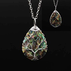 Платина Двухсторонняя натуральная ракушка пауа медная проволока обернутая в каплевидную форму кулон дерево жизни, ожерелья из сплава для женщин, платина, 17.72 дюйм (45 см)