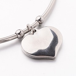 Stainless Steel Color 304 Stainless Steel Cuff Bangles, Heart Charm Bangles, Stainless Steel Color, 61mm