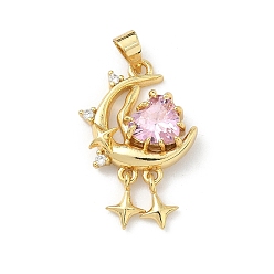 Настоящее золото 18K Латунные микро проложить кубического циркония подвески, сердце с лунными подвесками, со стеклом, долговечный, стойки покрытие, без свинца и без кадмия, реальный 18 k позолоченный, 24x16.5x5 мм, отверстие : 4.5x3.5 мм