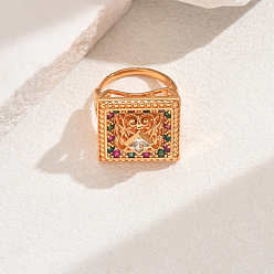 Прозрачный Кольца для женщин с микропаве из латуни и кубическими цирконами, квадратный, прозрачные, 21 мм, внутренний диаметр: 16мм~18мм