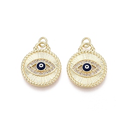 Полуночно-синий Латунные микро проложить кубического циркония подвески, плоский круглый с оберегами от сглаза, с эмалью, реальный 18 k позолоченный, темно-синий, 21.5x18x3 мм, отверстие : 3 мм