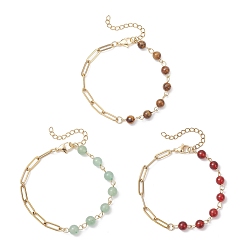 Золотой 3шт. браслеты-цепочки из бусин натурального сердолика, зеленого авантюрина и тигрового глаза, 304 женские браслеты-цепочки со скрепками из нержавеющей стали, золотые, 7-3/8 дюйм (18.6 см)