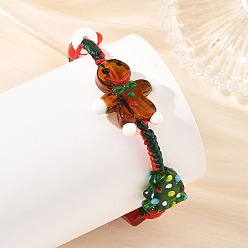 Rouge Coffret cadeau sapin de Noël en verre filé à la main ajustable, bracelet de perles tressées bonhomme en pain d'épice pour femme, verte, rouge, diamètre intérieur: 3.78 pouce (9.6 cm)