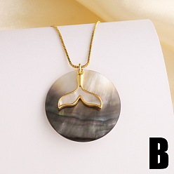 Fish Summer Beach Brass & Natural Paua Shell Flat Round Pendant Necklaces for Women, Golden, Fishtail, 17.72 inch(45cm), pendant: 30mm & 17mm