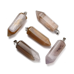 Natural Agate Natural Crystal Core Agate Pendants, Hexagon Charms, with 304 Stainless Steel Snap on Bails, Stainless Steel Color, 49~51x13~14x15~16mm, Hole: 7.5x4mm
