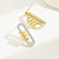 Золотой Латунная скрепка со спиральными серьгами-гвоздиками, с четким кубического циркония, золотые, 28x13 мм