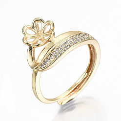 Настоящее золото 18K Регулируемые настройки кольца на палец из латуни с микрокубическим цирконием, за половину пробурено бисера, без никеля , цветок, прозрачные, реальный 18 k позолоченный, размер США 7 (17.3 мм), штифт: 0.8 мм (для бусин с половиной отверстия)