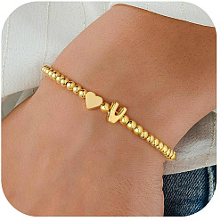 Letter V Эластичные браслеты из сплава бусин для женщин, сердце с письмом, золотые, Буква V, 6.69 дюйм (17 см)