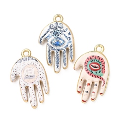 (52) Непрозрачная лаванда Религиозные подвески из сплава с принтом, hamsa hand charms, стойки покрытие, без кадмия и без свинца, золотые, разноцветные, 26.5x15.5x4 мм, отверстие : 1.8 мм
