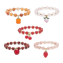 Mixed Color Natural Gemstone Round Beads Beaded Bracelets, Fruit Theme Lampwork Charm Stretch Bracelets for Women, Mixed Color, Inner Diameter: 2 inch(5cm)